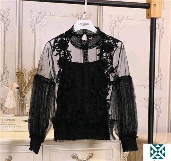 Women Stylish Top - Black, Sexy Lantern Sleeve 3D Floral Women Tops With InnerFabric: NetSleeve Length: Long SleevesPattern: La