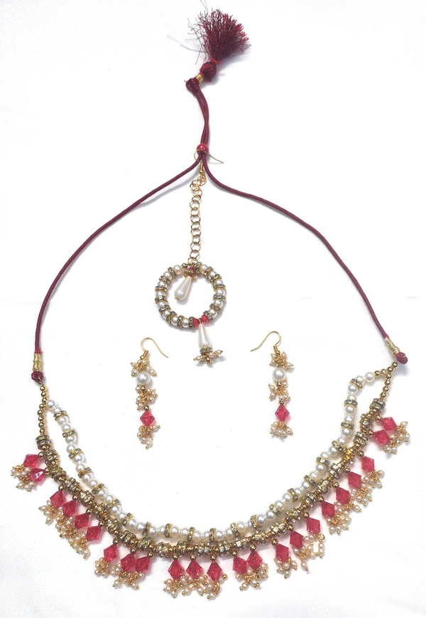 NIBRAS Red Tyre-Cut Pearl Necklace Set - B09ZVLBSXT