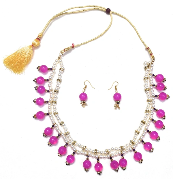 NIBRAS Pink Bi-Strand Pearl Drop Necklace Set - B0B1B73Z51