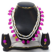 NIBRAS Pink Bi-Strand Pearl Drop Necklace Set - B0B1B73Z51