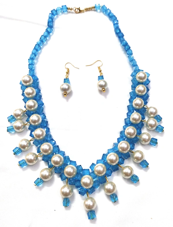 NIBRAS Blue Floral Square Pearl Necklace Set - B0B1N4ML81