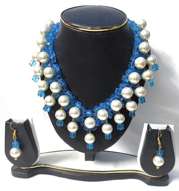 NIBRAS Blue Floral Square Pearl Necklace Set - B0B1N4ML81