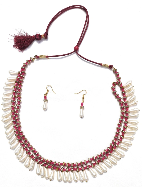 NIBRAS Red Seed Pearl Necklace Set - B0B1QMR92Y