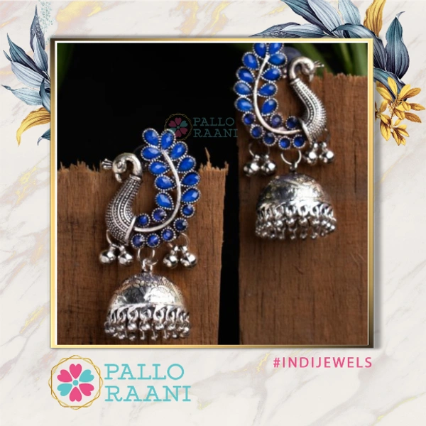 Blue Peacock Darjeeling stone jhumka - silver, blue