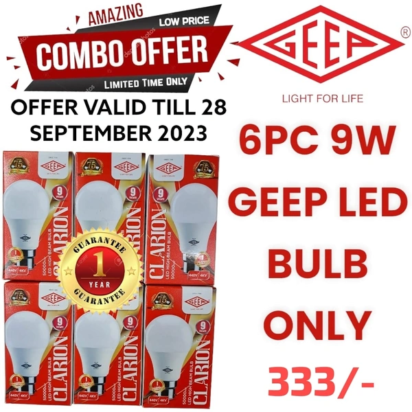 GEEP  9w LED BULB 6PC COMBO OFFER - White, 1YEAR  GUARANTEE, 9w