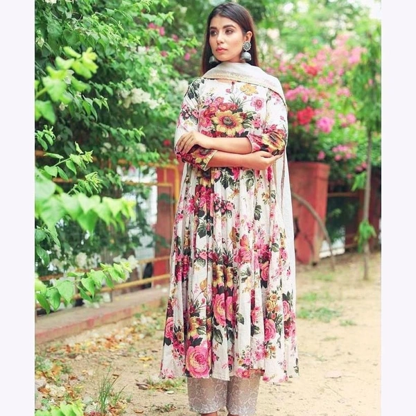 New Floral Designer Long  Kurti With Pant & Duppata - only one color, S, M , L , XL , XXL
