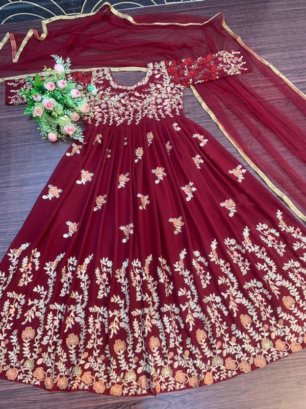 Partywear Georgette Gown With Dupatta - fully stitched upto 44size (all size avl), red