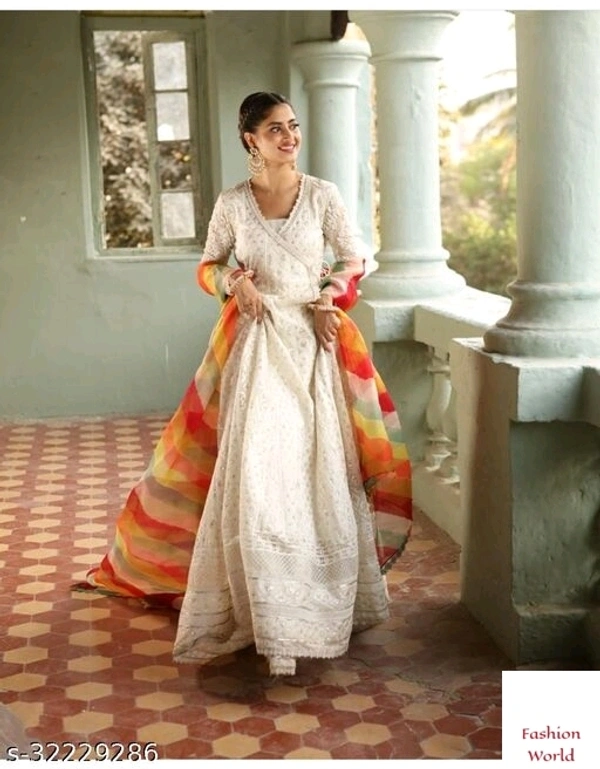 New Designer Wedding Wear Heavy Work Gown - white, FREE SIZE :- S , M , L ,XL ,XXL