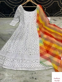 New Designer Wedding Wear Heavy Work Gown - white, FREE SIZE :- S , M , L ,XL ,XXL