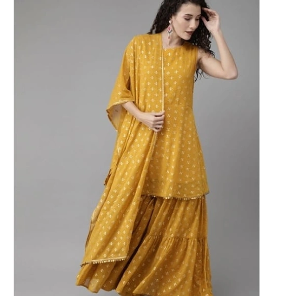 Trendy Yellow Mustard Gold Printed Kurti And Sharara With Duppata - M , yellow
