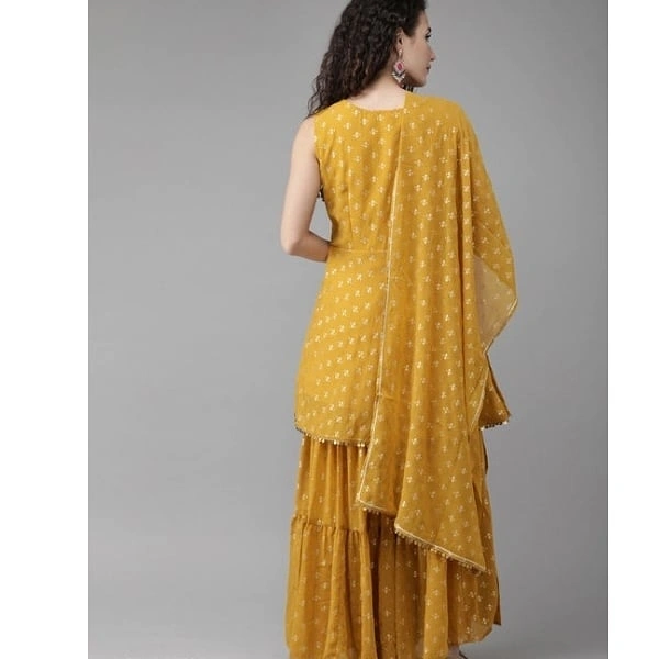 Trendy Yellow Mustard Gold Printed Kurti And Sharara With Duppata - M , yellow