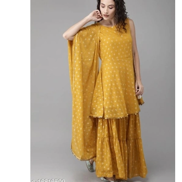 Trendy Yellow Mustard Gold Printed Kurti And Sharara With Duppata - M , yellow