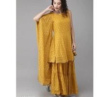 Trendy Yellow Mustard Gold Printed Kurti And Sharara With Duppata - XXL