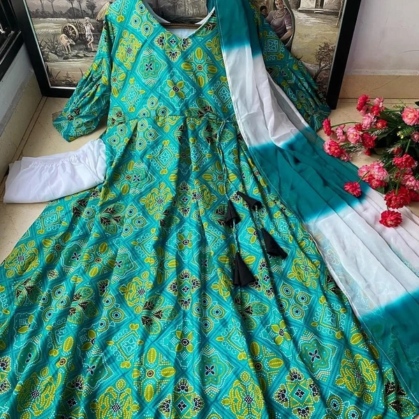 Trendy Green & White Printed Anarkali Kurta Set - XXL