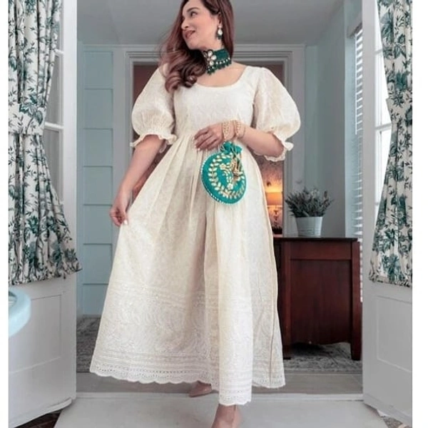 Designer Western Frock In Georgette With Luchnowi Chinkari Embroidery - M, white