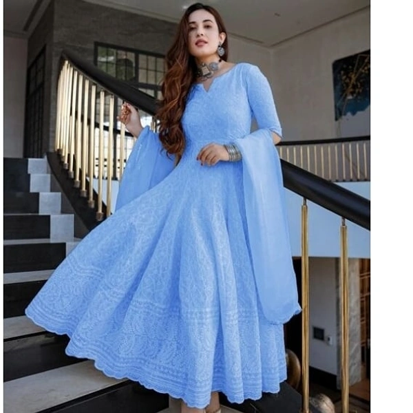 Lucknowi Chinkari Anarkali Gown With Duppata  - sky blue, s