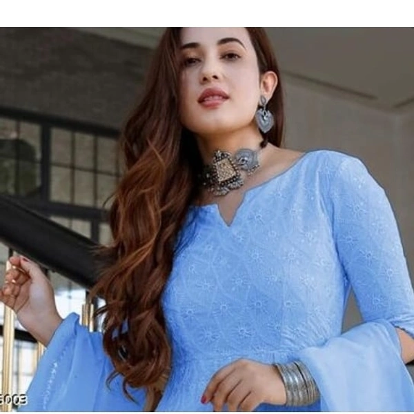 Lucknowi Chinkari Anarkali Gown With Duppata  - sky blue, s