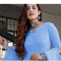 Lucknowi Chikankari Anarkali Gown With Duppata - L, sky blue