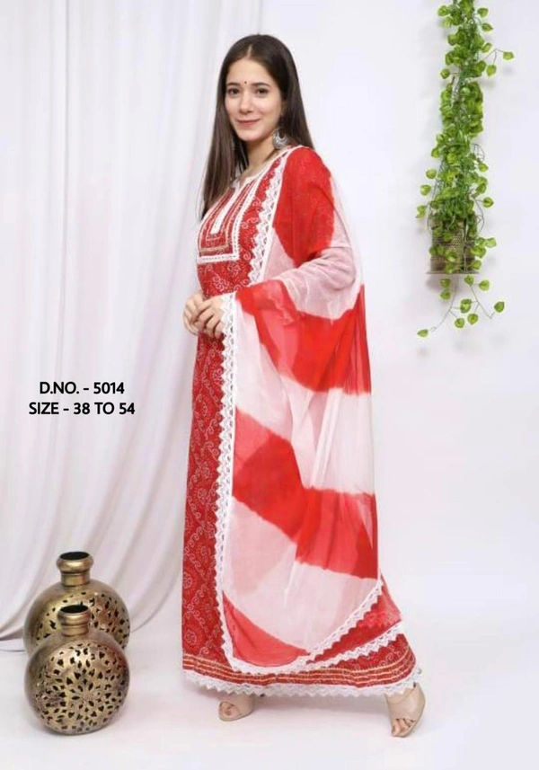 Bandhej Red Printed Long Kurti (Gown) With Duppata - M, red