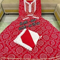 Bandhej Red Printed Long Kurti (Gown) With Duppata - M, red