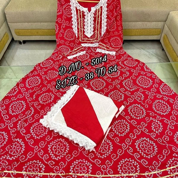 Bandhej Red Printed Long Kurti (Gown) With Duppata - M, red