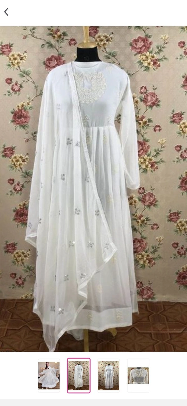New White Anarkali Dress With Embroidery Work - semi-stitched, white