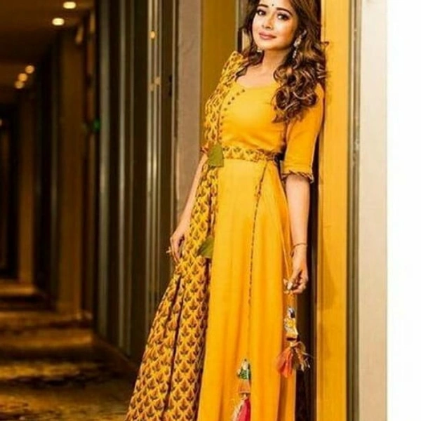 Yellow Anarkali Gown With Belt  & Duppata - S, yellow mustard