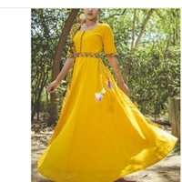 Yellow Anarkali Gown With Belt  & Duppata - S, yellow mustard