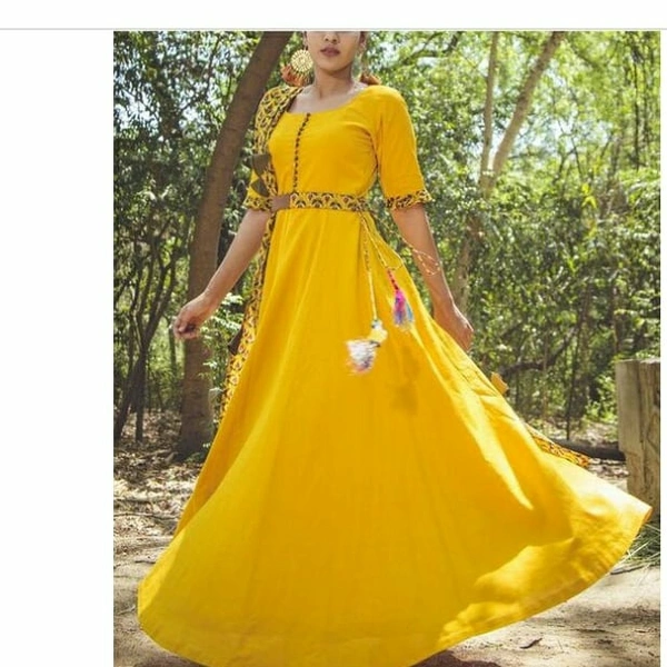 Yellow Anarkali Gown With Belt  & Duppata - S, yellow mustard