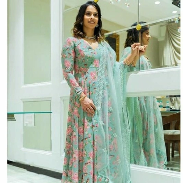 Digital Print Gown & Bottomwear With Embroidery Work Duppata - XL
