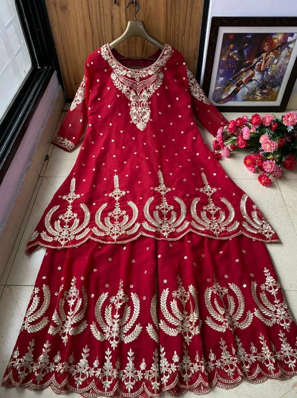 Heavy Embroidery Kurti Sharara Set - S, red