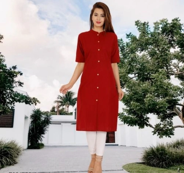Womens Solid Cotton Kurti - Red, XL