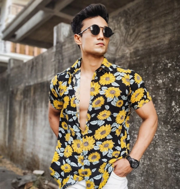 Men Floral Print Poly Crepe  - XL