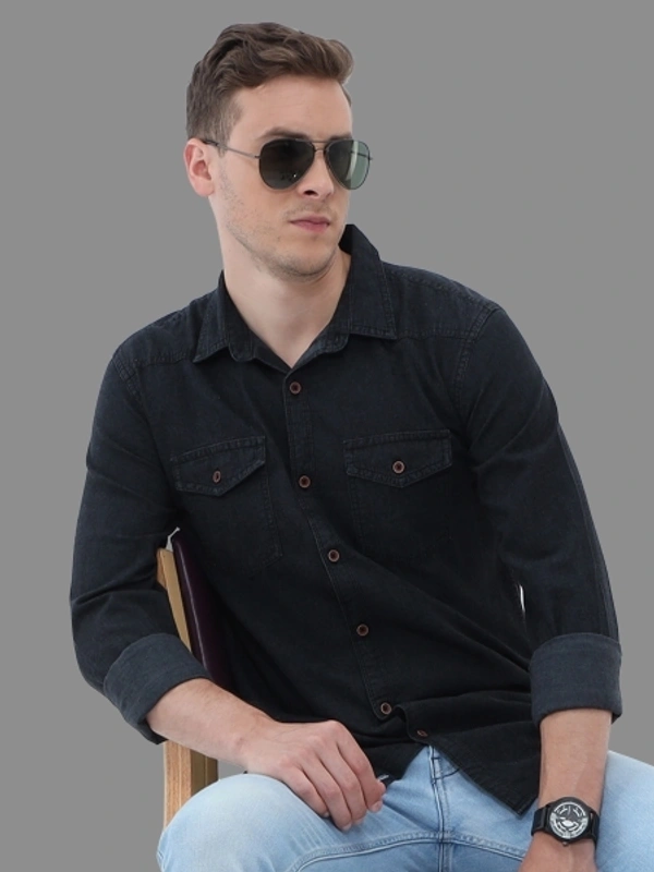 Carbonn Cloth Mens Solid Casual Black Denim Shirt  - L