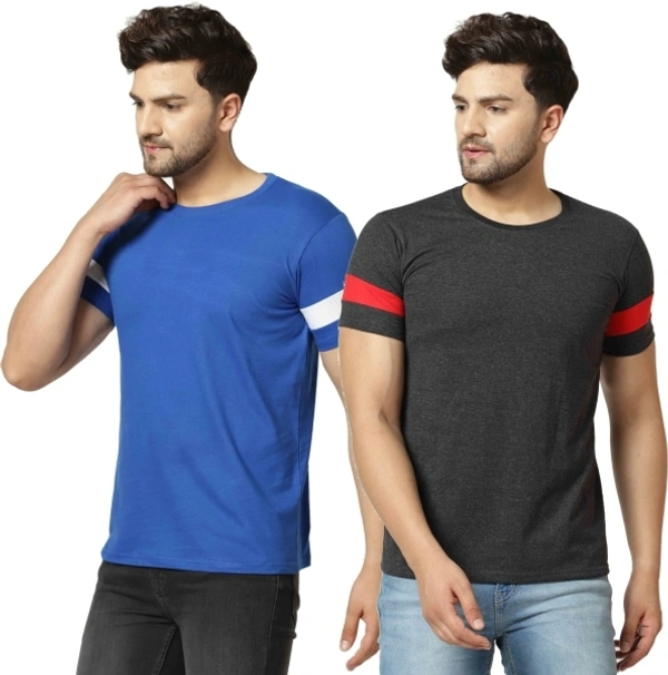 London Hills Solid, Striped, Sports Men Round Neck Blue, Grey T-Shirt - S