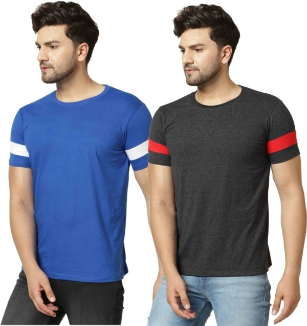 London Hills Solid, Striped, Sports Men Round Neck Blue, Grey T-Shirt - M