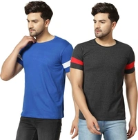 London Hills Solid, Striped, Sports Men Round Neck Blue, Grey T-Shirt - L