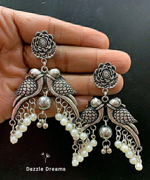 Oxidized Bird Pearl Earrings