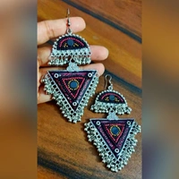 Oxidized Beads Ghunghru Earrings - Blue