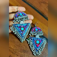 Oxidized Beads Ghunghru Earrings - Blue