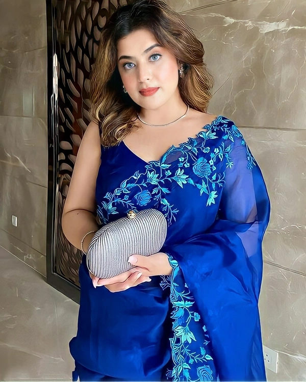 Embroidered Organza Saree - Blue