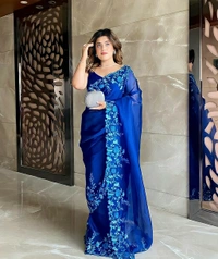 Embroidered Organza Saree - Blue