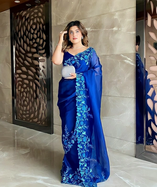 Embroidered Organza Saree - Blue