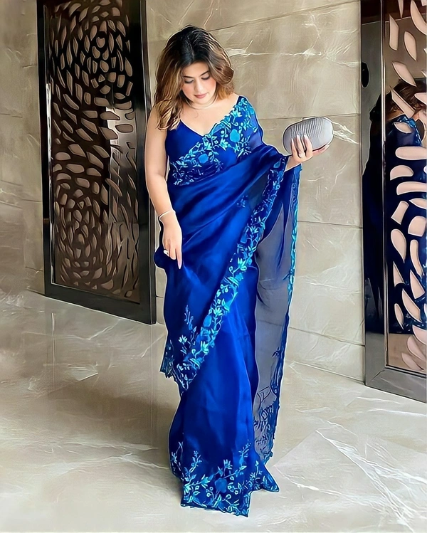 Embroidered Organza Saree - Blue
