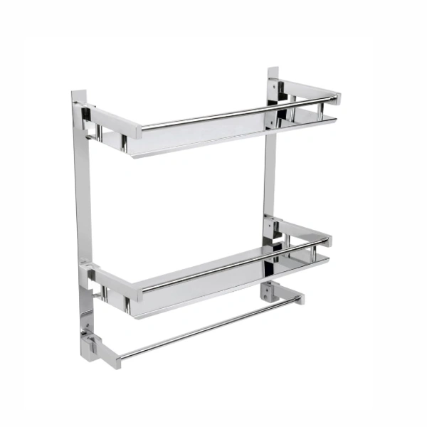 BA24 Stainless Steel Double Layer Shelf with Towel Road,Multipurpose Bath Shelf Organizer,Kitchen Shelf/Towel self/Bathroom Shelf /bathroom stands and racks/Bathroom Accessories-Chrome Finish(Made in India)