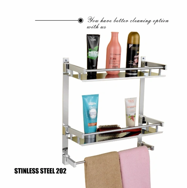 BA24 Stainless Steel Double Layer Shelf with Towel Road,Multipurpose Bath Shelf Organizer,Kitchen Shelf/Towel self/Bathroom Shelf /bathroom stands and racks/Bathroom Accessories-Chrome Finish(Made in India)