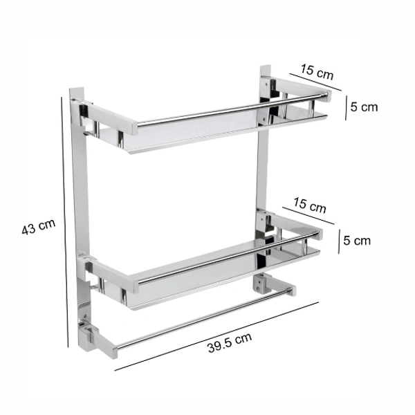 BA24 Stainless Steel Double Layer Shelf with Towel Road,Multipurpose Bath Shelf Organizer,Kitchen Shelf/Towel self/Bathroom Shelf /bathroom stands and racks/Bathroom Accessories-Chrome Finish(Made in India)