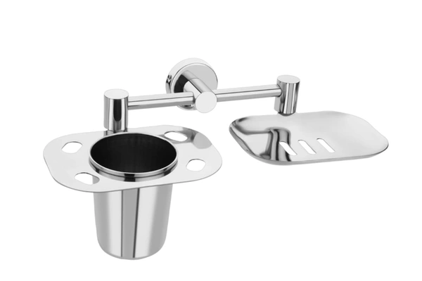 BA59 Stainless Steel Cute 2in1 Soap Dish with Tumbler Holder/Soap Stand/Tooth Brush Holder/Bathroom Accessories(Chrome) - Pack of 1