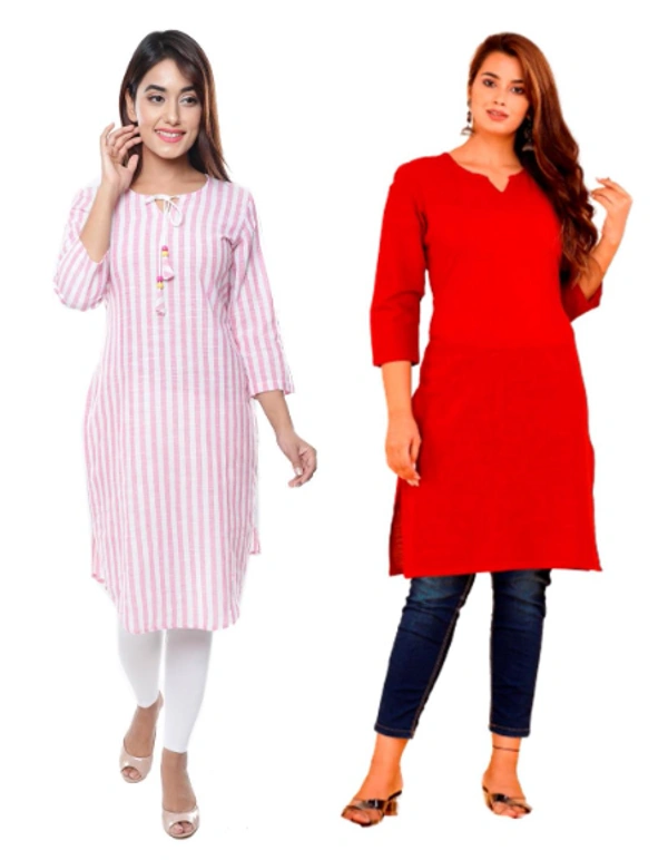 Cotton Kurta Combo  -Pink Striped And Plain Marroon - XL