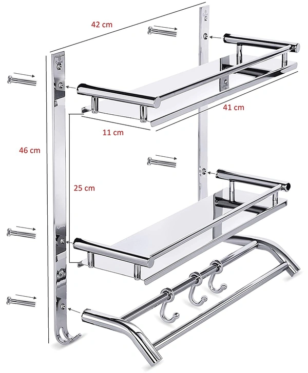 BA37 Stainless Steel Double Layer Shelf with Towel Road,Multipurpose Bath Shelf Organizer,Kitchen Shelf/Towel self/Bathroom Shelf /bathroom stands and racks/Bathroom Accessories-Chrome Finish(Made in India)
